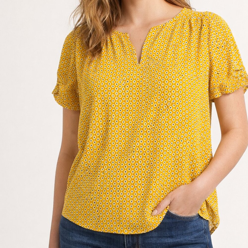 Dahlia Printed Short Sleeve Blouse Yellow Geometric Size 5
